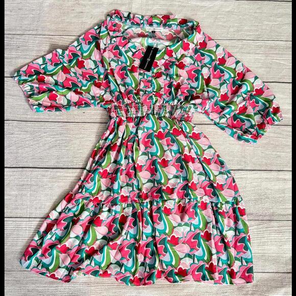 Dresses & Skirts - Smocked-Waist Floral Midi Dress in Pink & Green